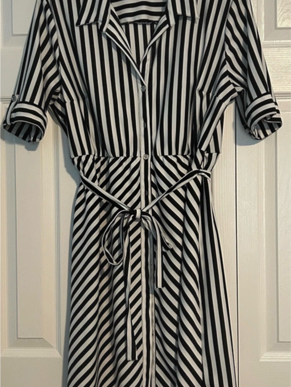 Cato Black and White Striped Midi Shirt Dress with Waist Tie